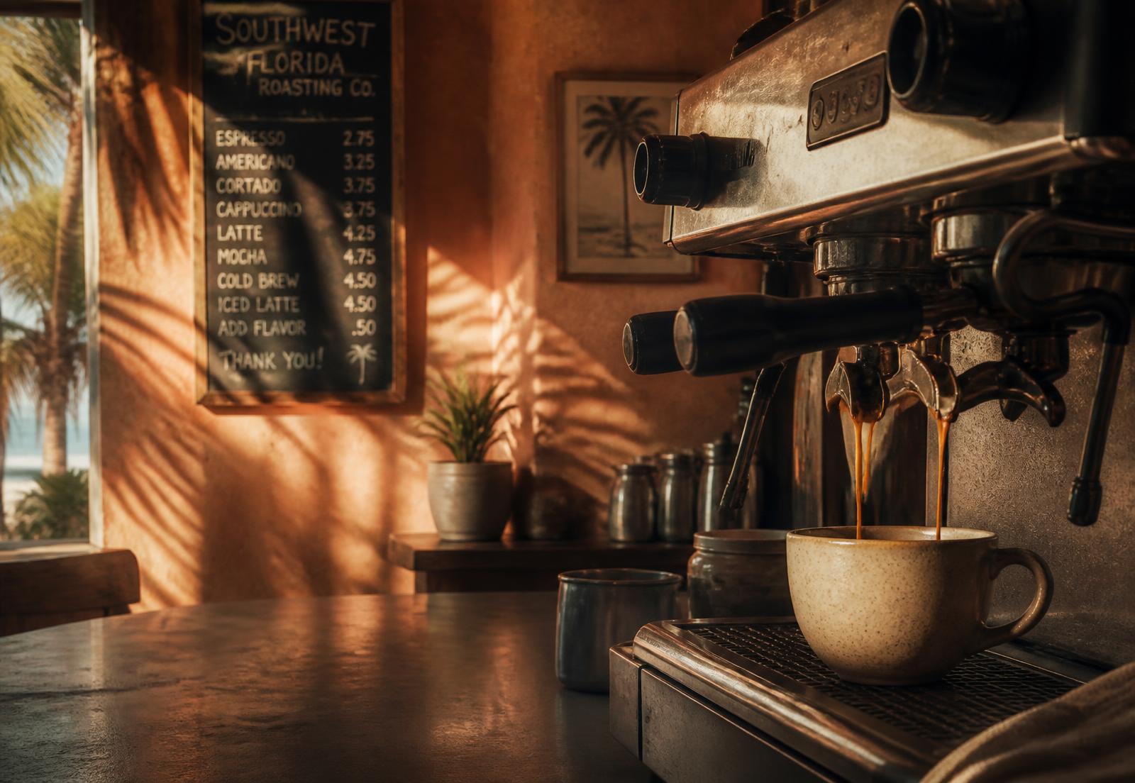 Espresso being pulled at the cafe counter with warm morning light