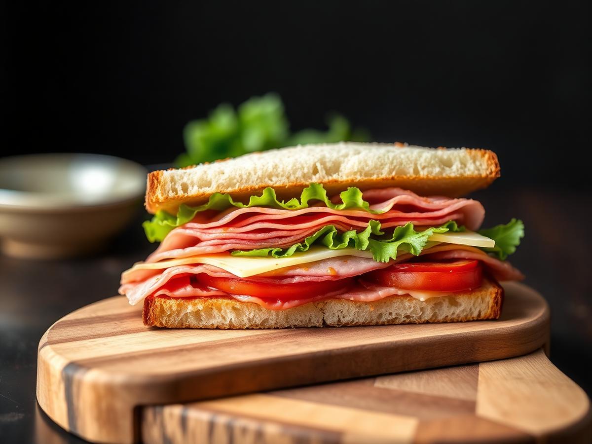 Fresh deli sandwich with ham, salami, cheese and vegetables
