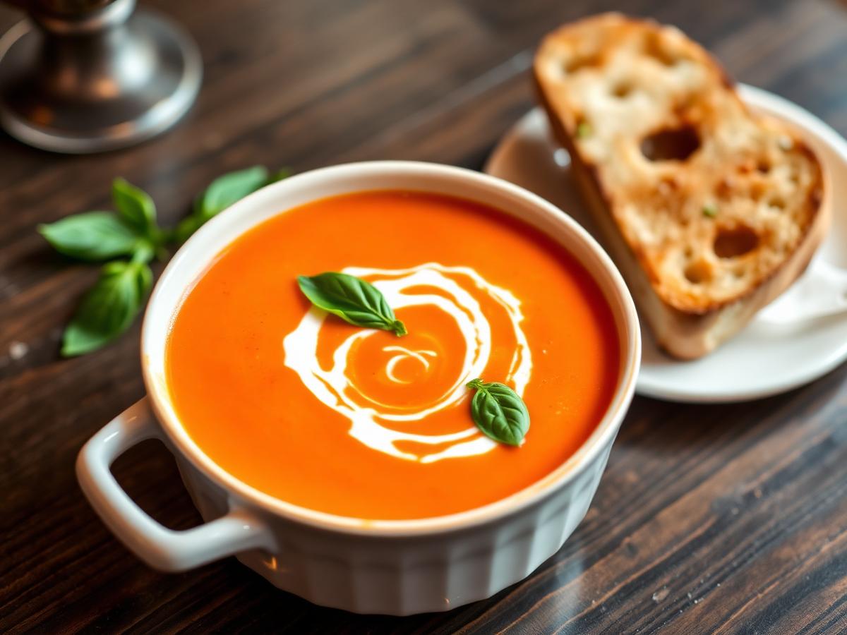 Creamy tomato bisque soup with basil and toasted bread